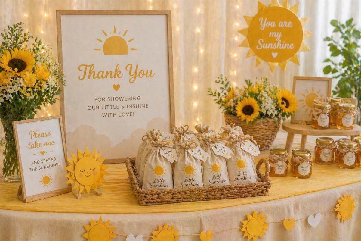Sunny farewell gift table with thank you favors and sunflower décor