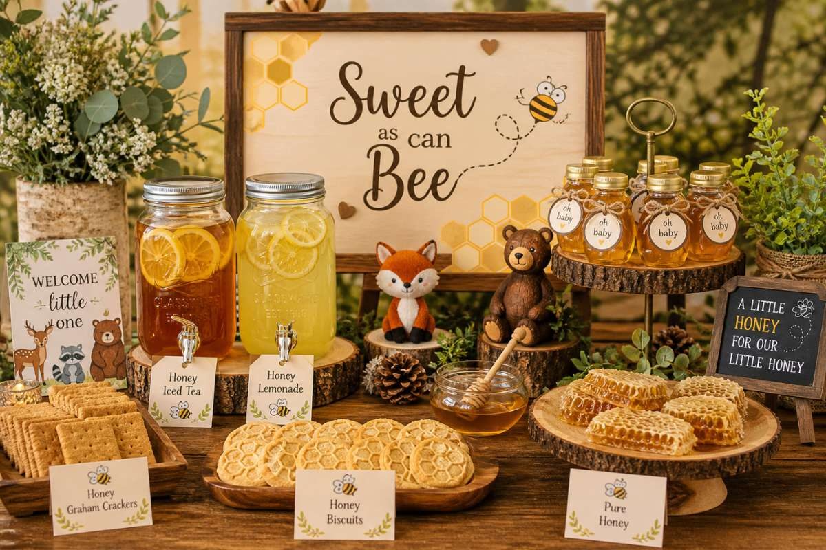 Sweet as Can Bee woodland baby shower dessert table with honeycomb treats, lemonade, biscuits, and rustic decorations
