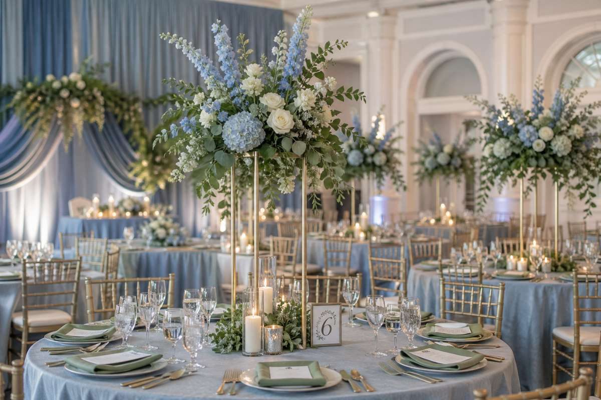 tall wedding centerpieces with dusty blue and sage green flowers on elegant reception tables
