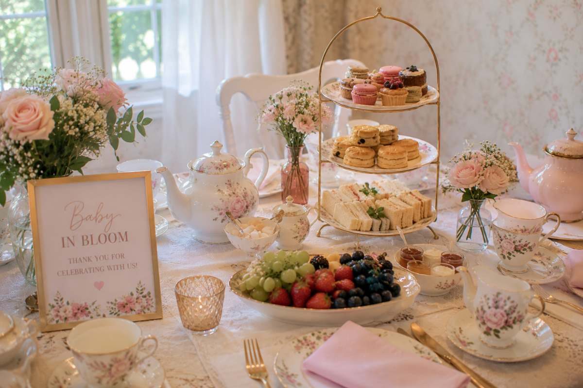 Tea-inspired brunch baby shower featuring vintage floral teacups, elegant teapots, tiered trays of pastries and finger sandwiches, fresh berries, and soft pink floral décor in a charming indoor setting.