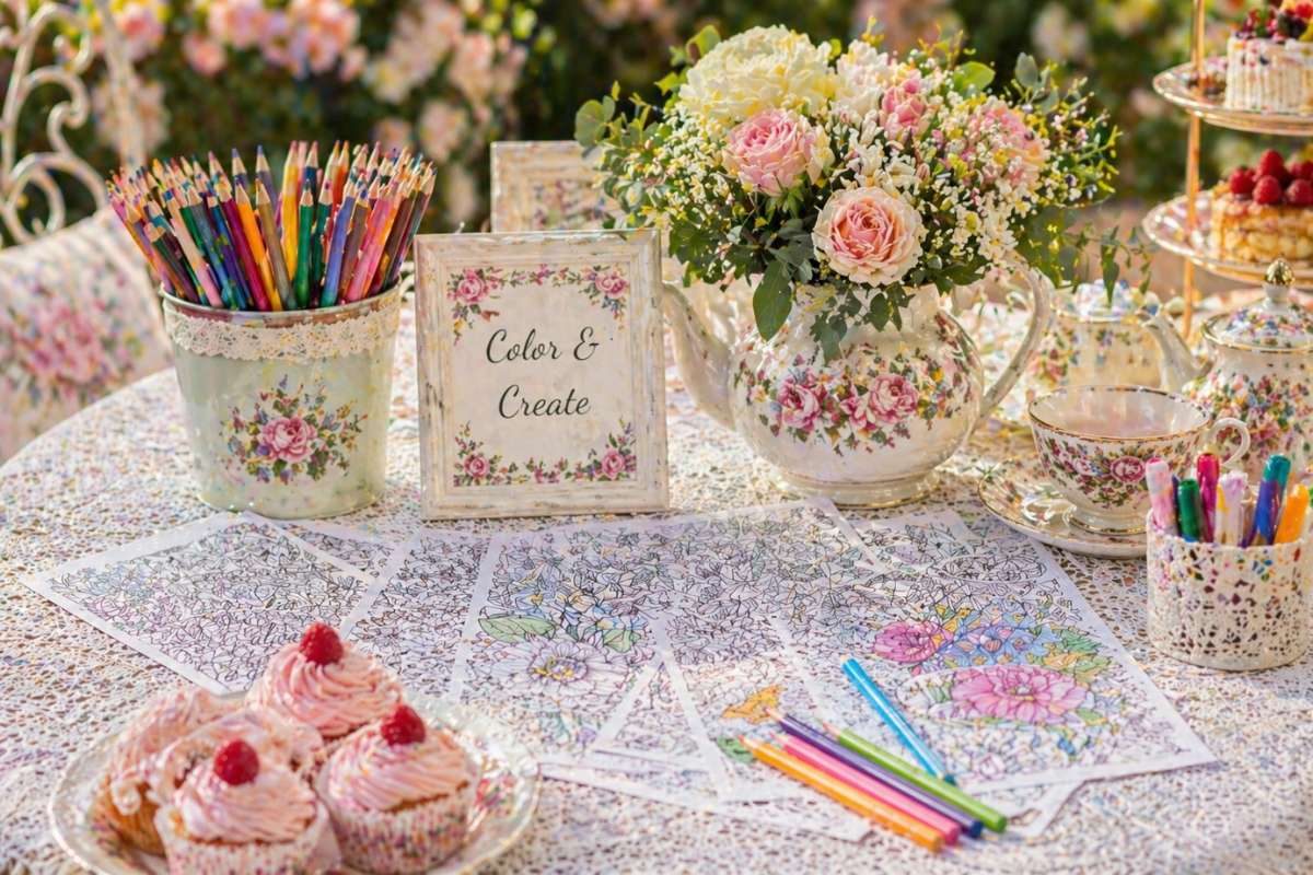 coloring station with pencils and floral sheets at tea party
