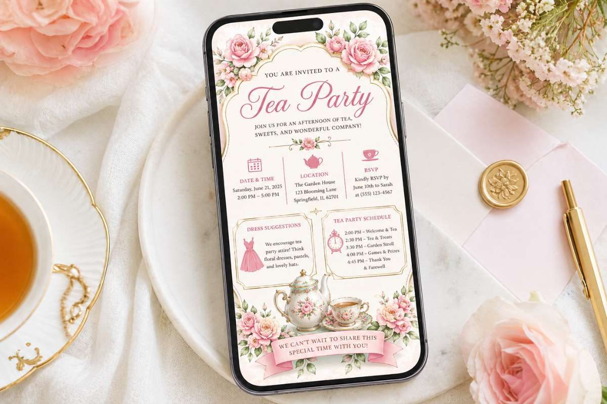 elegant floral tea party invitation displayed on smartphone screen