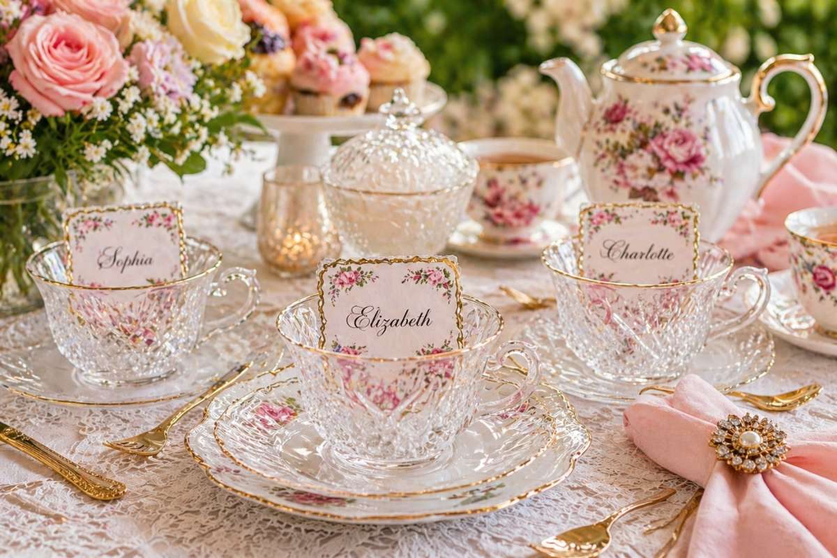 teacup place cards with guest names on elegant tea party table