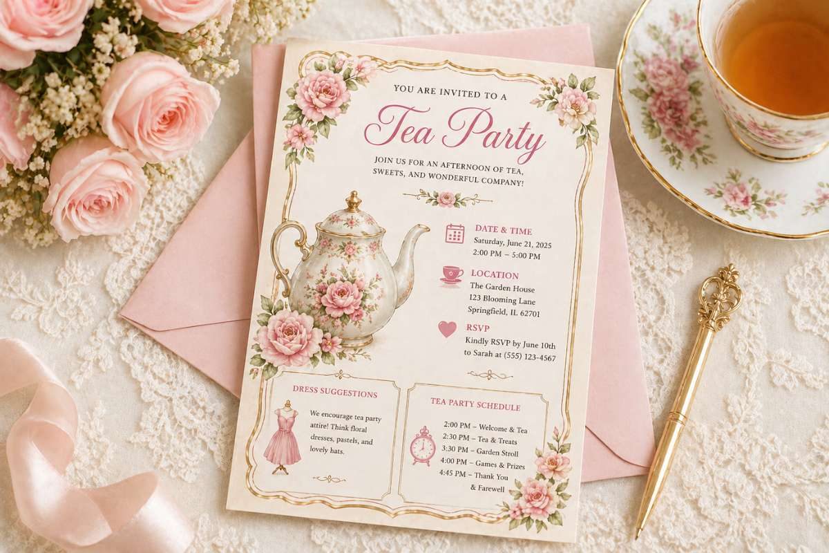 floral teapot themed invitation for vintage tea party