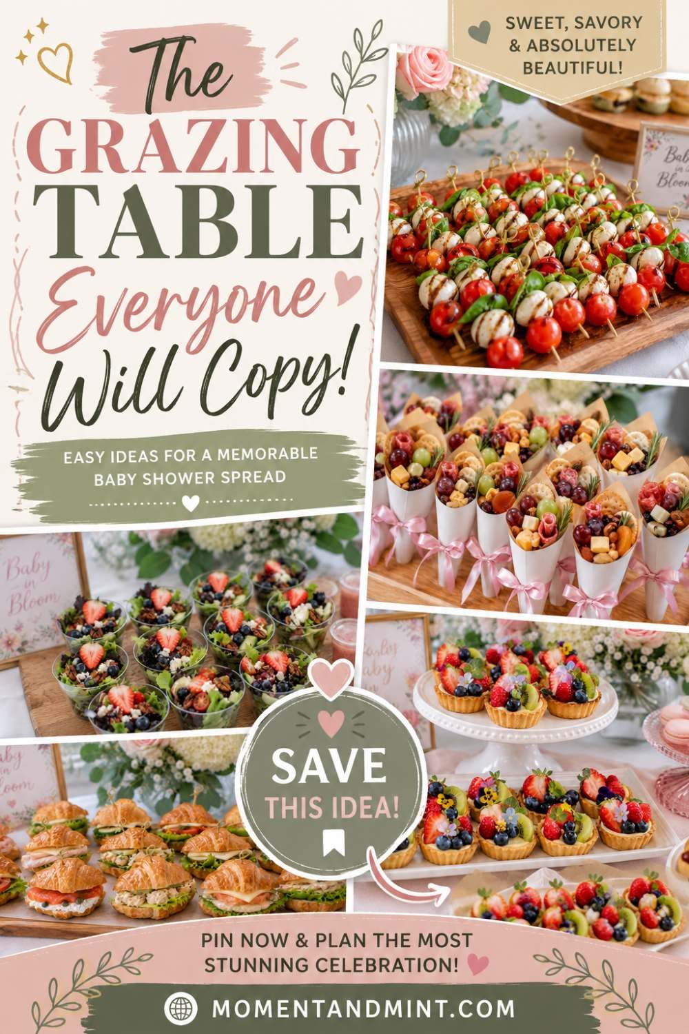 Pinterest collage pin featuring elegant baby shower grazing table ideas with Caprese skewers, mini charcuterie cones, individual salad cups, mini croissant sandwiches, and fresh fruit tartlets, overlaid with the headline "The Grazing Table Everyone Will Copy" and a Save CTA.