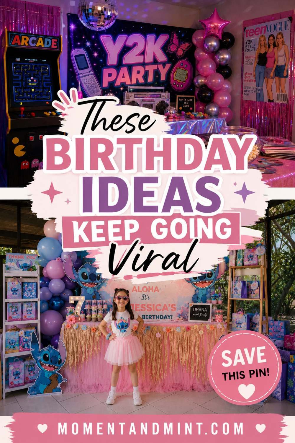 Trending birthday party ideas featuring Y2K decorations, themed dessert tables, colorful balloons, and viral birthday party inspiration.