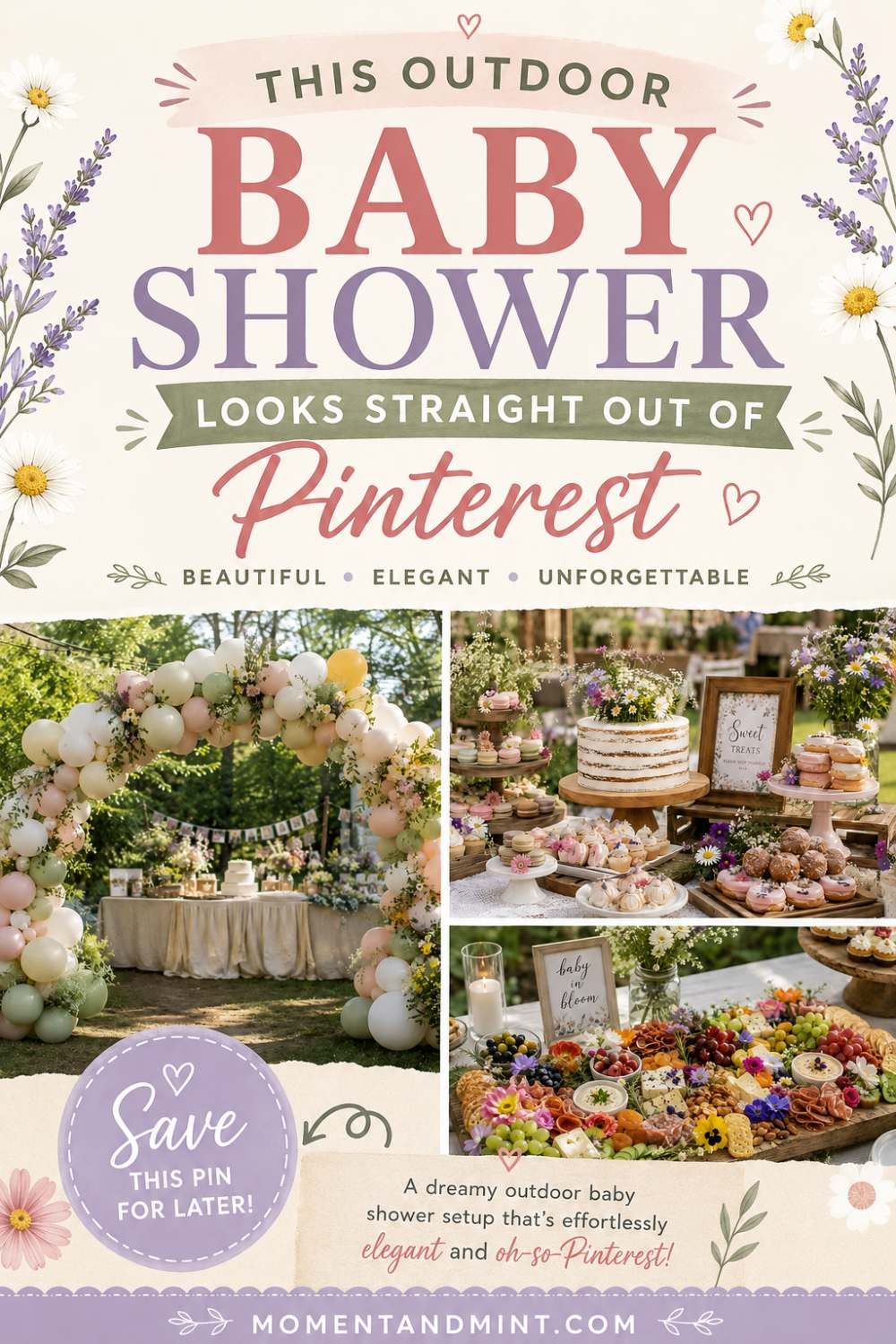 Pinterest collage pin featuring an elegant outdoor baby shower with a pastel floral balloon arch, wildflower dessert table, and colorful charcuterie board in a beautiful garden setting.