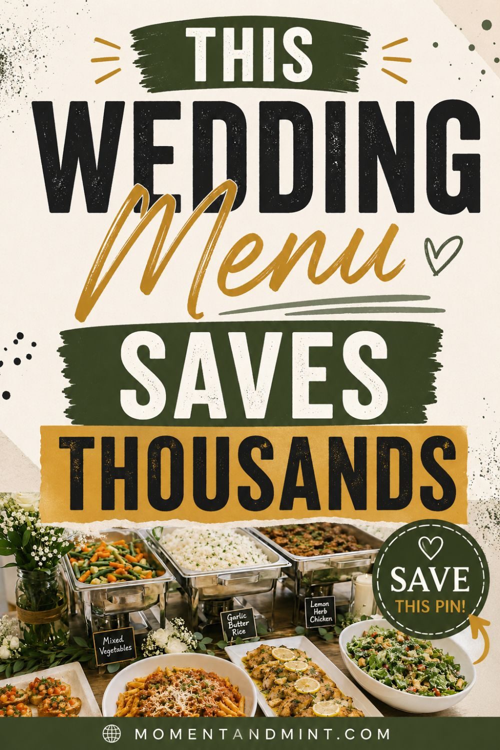 Bold typography Pinterest pin showcasing an elegant, budget-friendly wedding buffet with lemon herb chicken, garlic butter rice, mixed vegetables, Caesar salad, bruschetta, and pasta, highlighting affordable wedding menu ideas that can save thousands on catering. pin