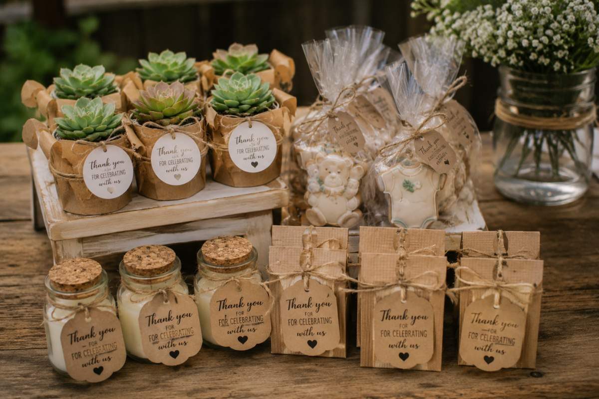 Rustic handmade baby shower favors featuring mini potted succulents, soy candles in glass jars, kraft paper gift boxes, decorated baby-themed cookies, and personalized thank-you tags displayed on a wooden table.