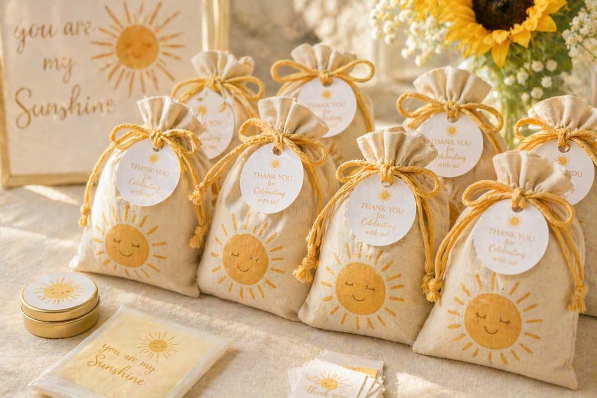 Sun-themed baby shower party favor bags with smiling sun illustrations