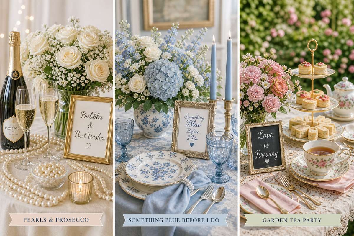 Elegant bridal shower table with pearls, prosecco, blue florals, and tea party setup