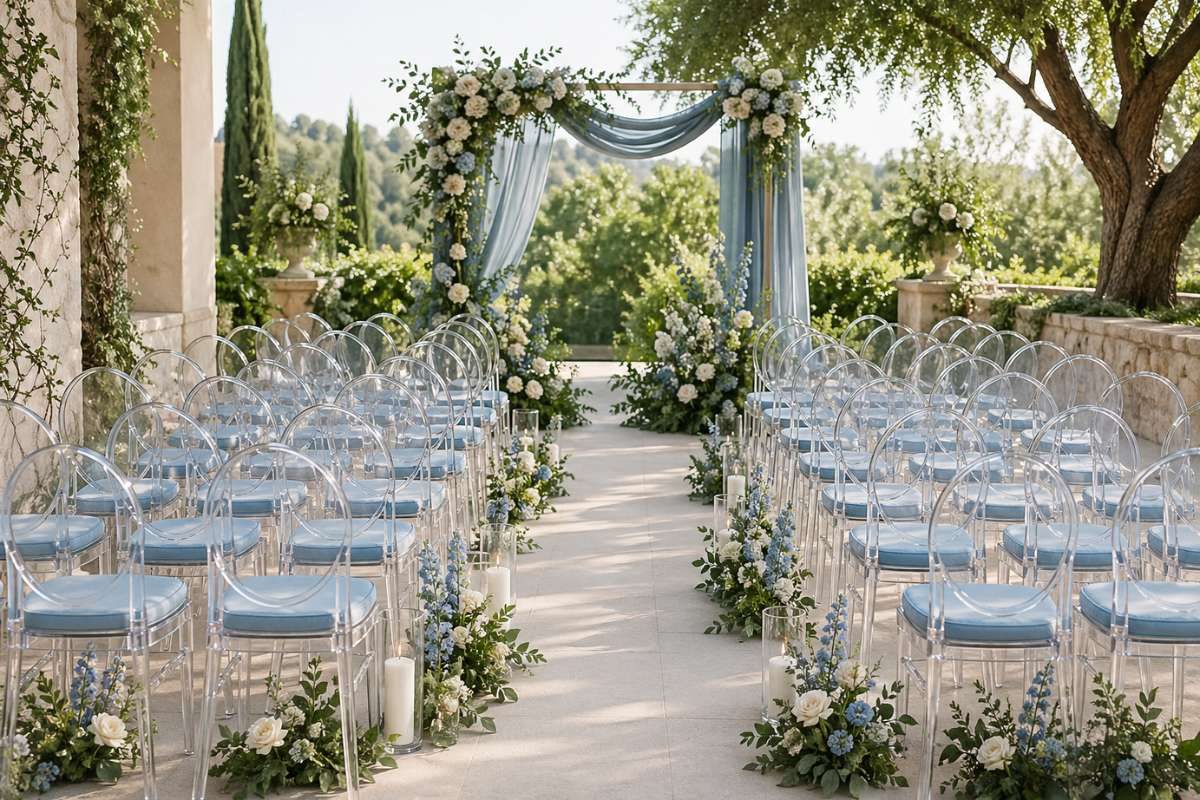outdoor wedding ceremony with clear chairs dusty blue accents and greenery