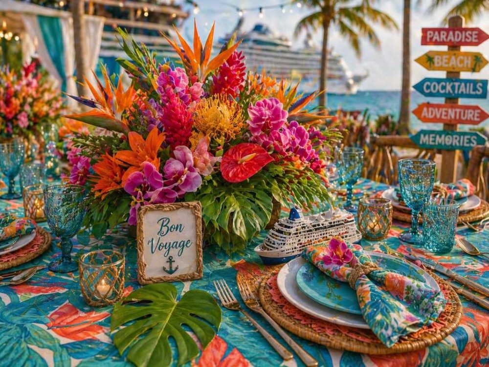 tropical wedding table colorful destination theme