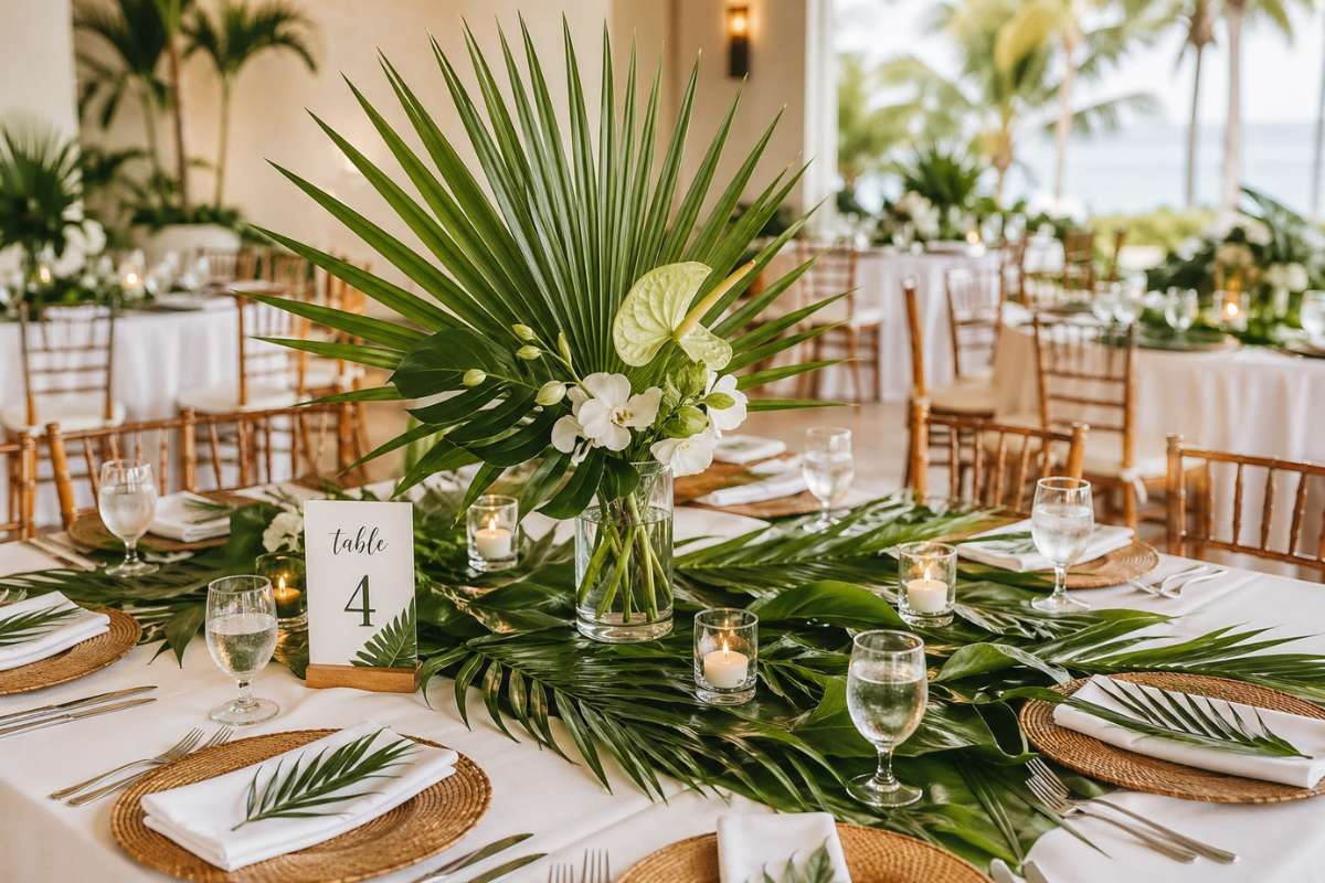 Tropical wedding table decor with palm leaves and greenery