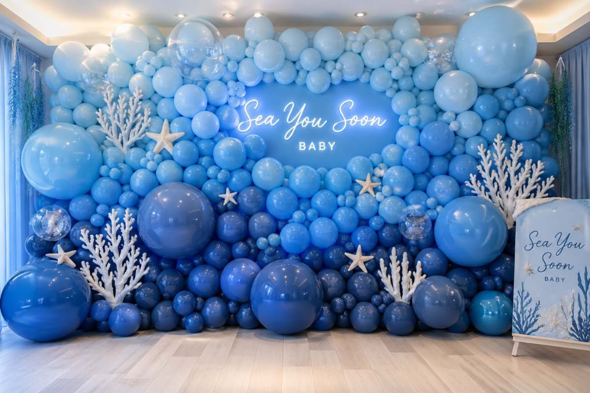 Underwater balloon wall backdrop in gradient blue tones for coastal baby shower decor.