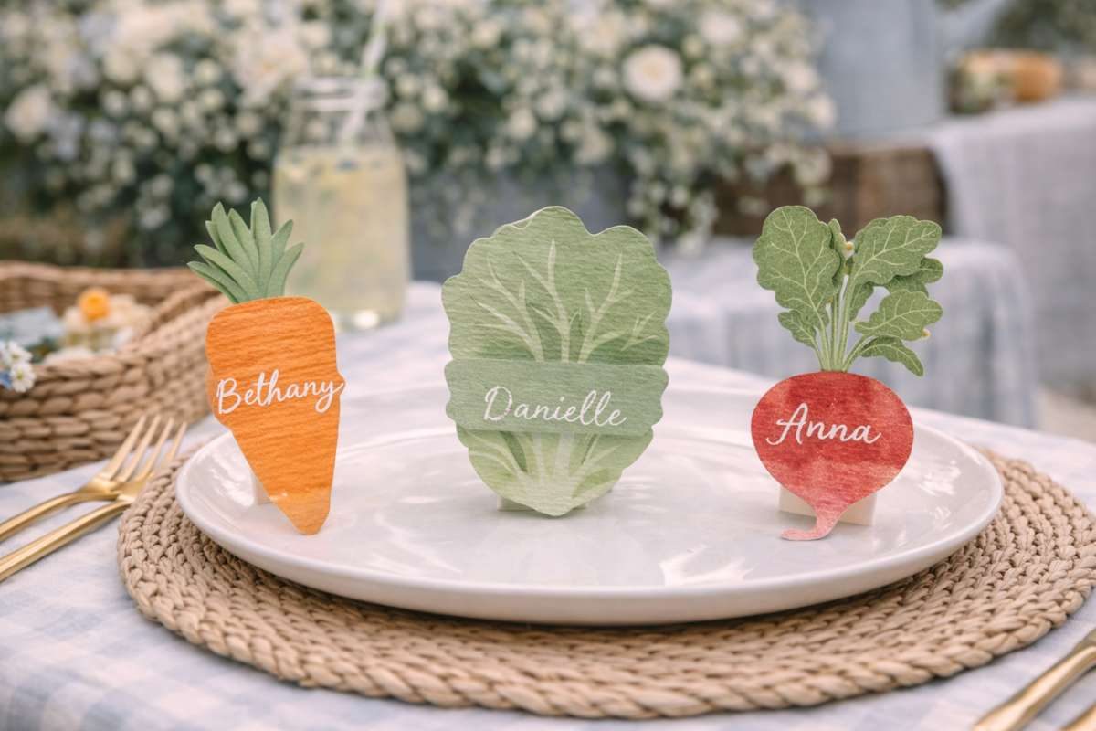 Place cards shaped like carrot lettuce and radish with guest names