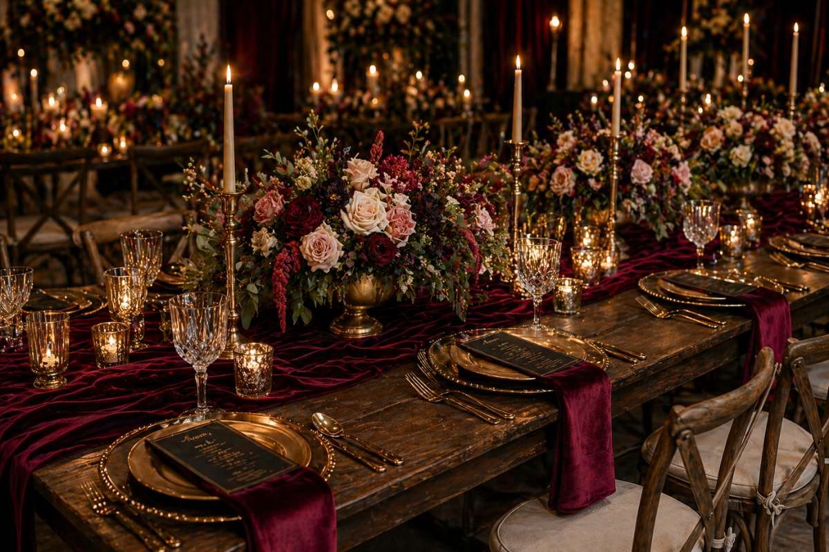 Wedding table decor with velvet runner and elegant styling