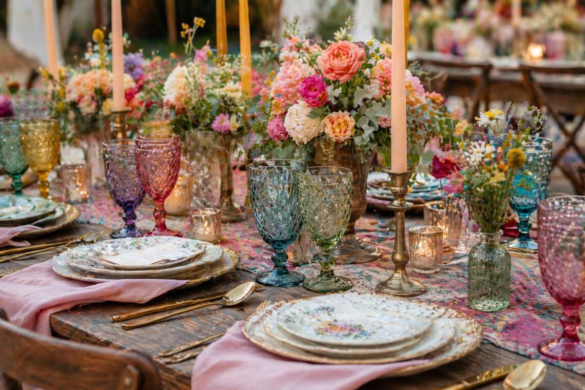 Wedding table with colorful vintage glassware decor