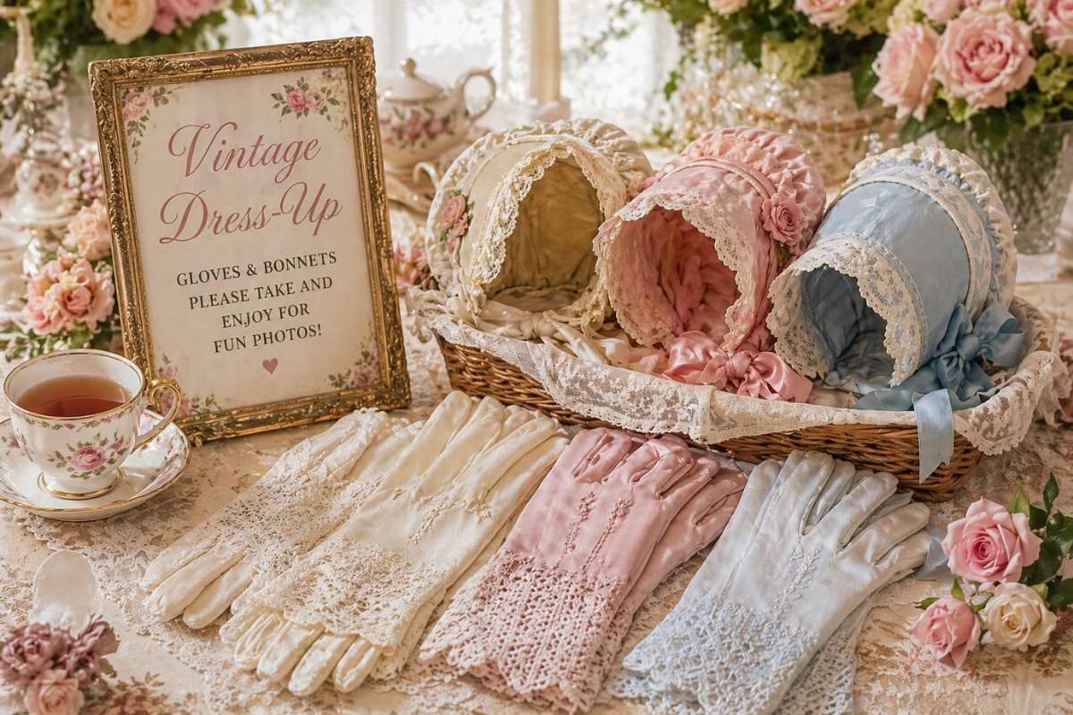 Vintage lace gloves and pastel bonnets displayed for a Regency-inspired tea party dress-up station