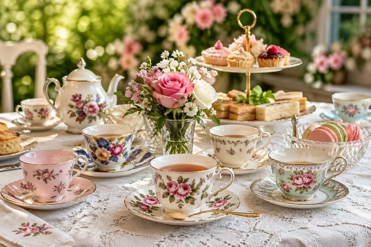 vintage teacups and floral china arranged on elegant tea party table