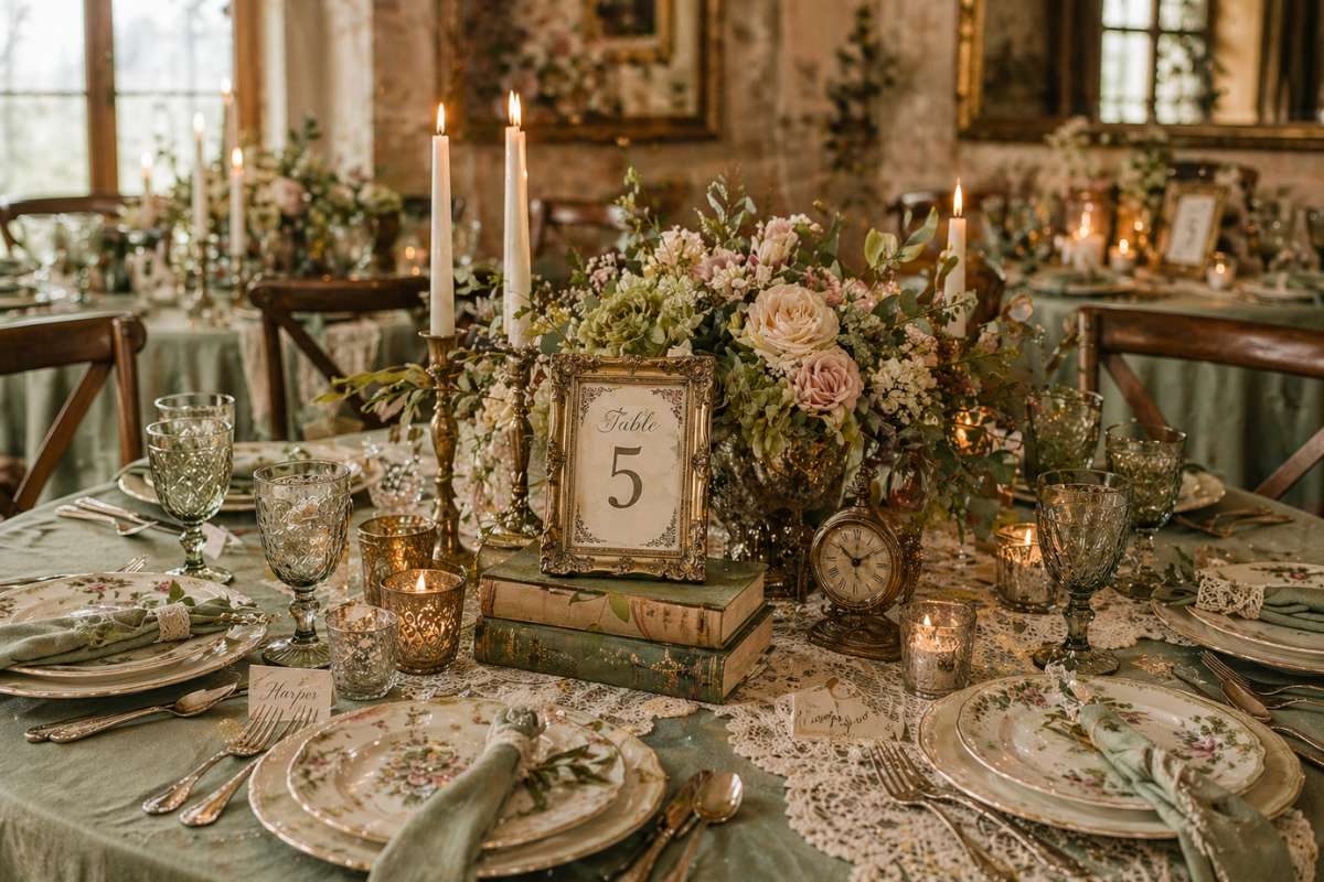 Vintage wedding table decor with sage green and antique accents