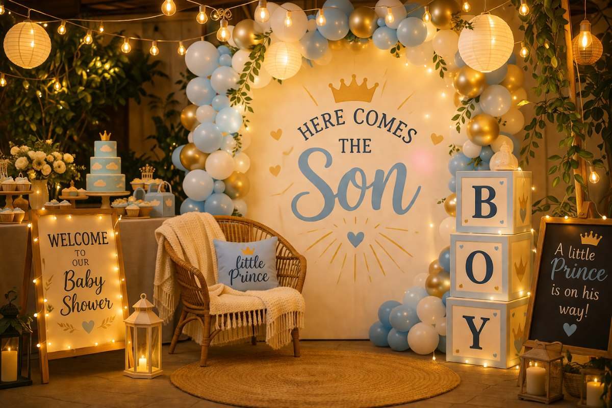 Warm string lights and glowing décor for Here Comes the Son baby shower