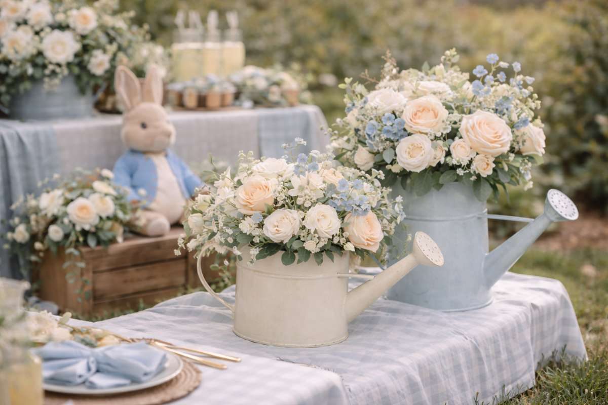 Pastel watering cans filled with flowers used as table centerpieces