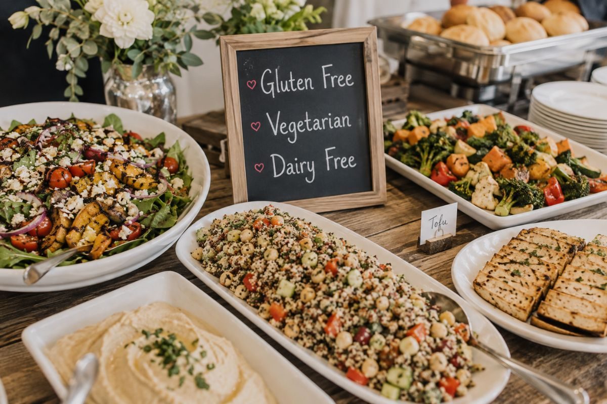 Elegant wedding reception buffet featuring vegetarian, gluten-free, and dairy-free menu options including fresh salads, roasted vegetables, quinoa salad, hummus, tofu, and bread rolls with clearly labeled dietary-friendly selections.
