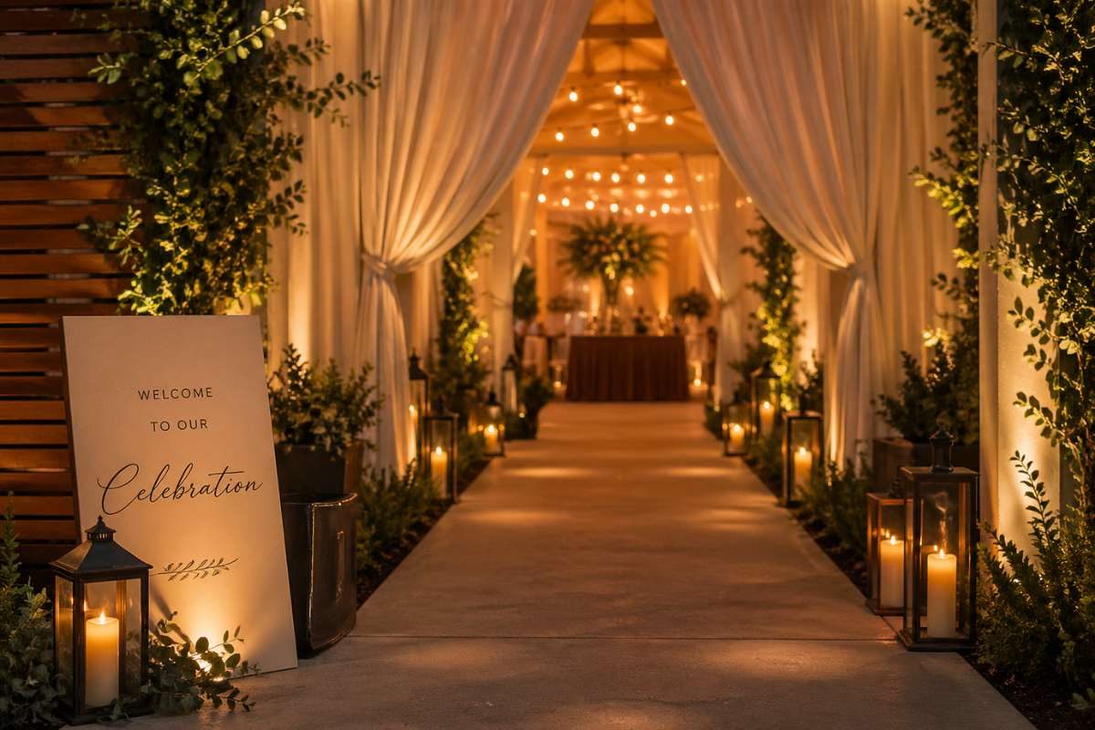 wedding entrance with draped fabric, candles, and greenery creating a warm welcoming pathway
