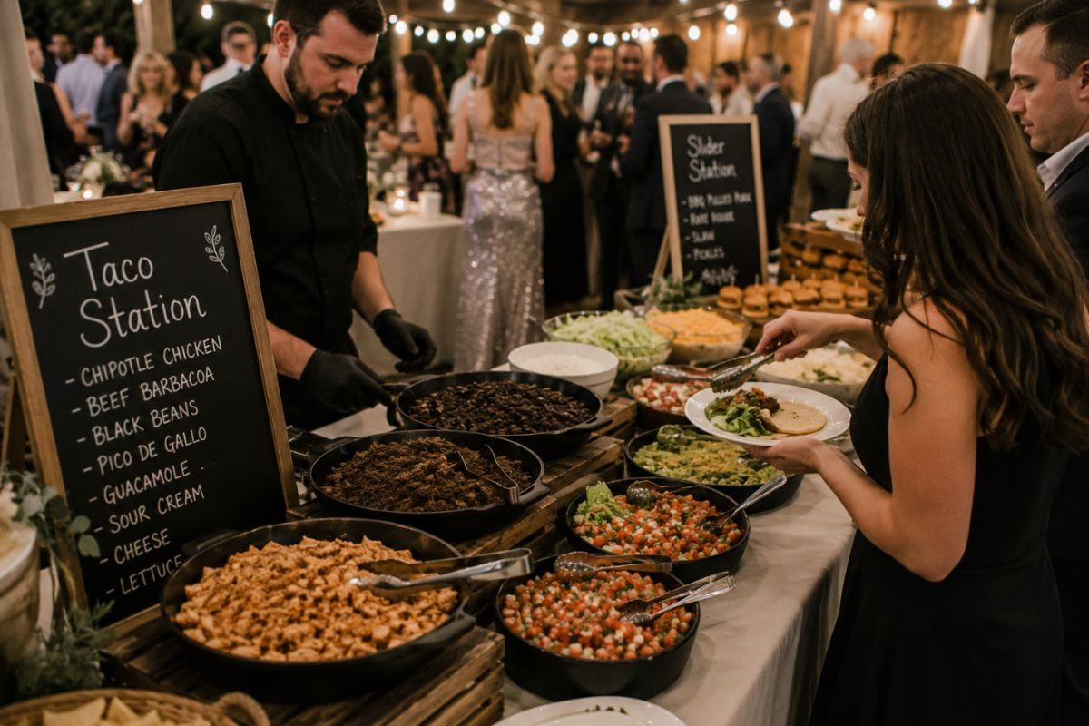Guests enjoying interactive food stations at a wedding reception, choosing from pasta, taco, and slider stations with freshly prepared dishes in a relaxed and modern dining atmosphere.