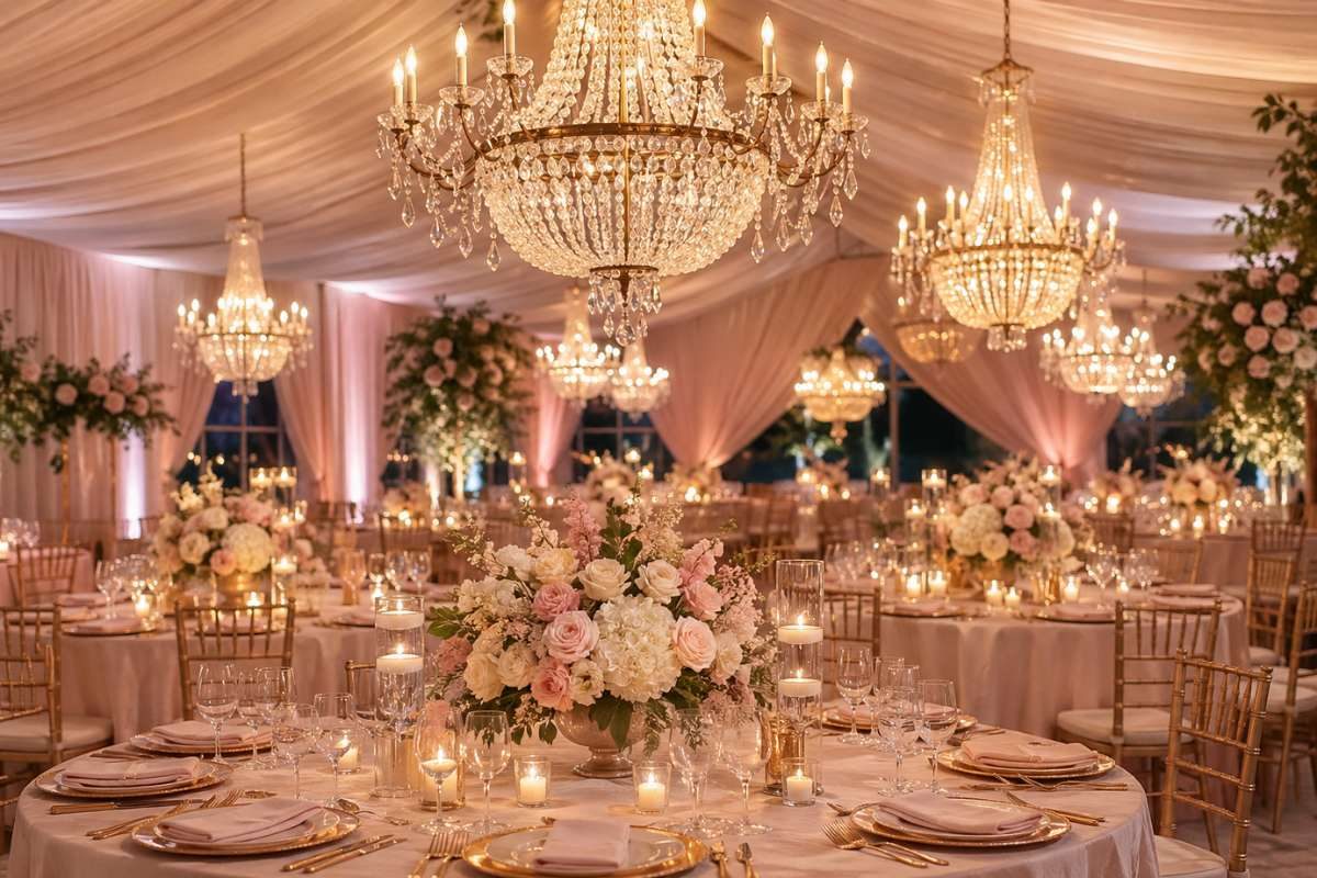 Wedding reception table with chandelier lighting and floral decor