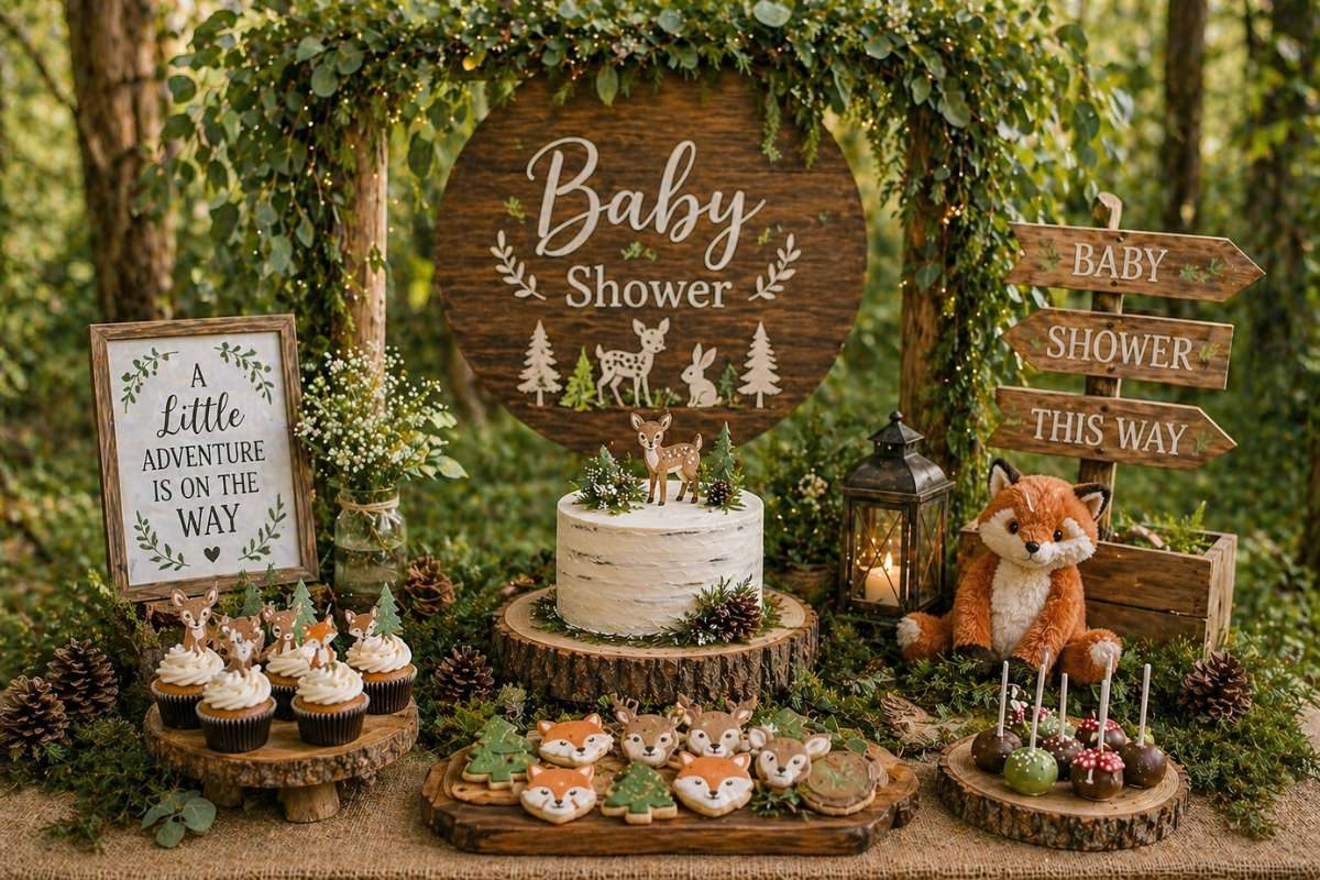 Whimsical woodland baby shower dessert table with wooden backdrop, greenery arch, fox decor, and rustic treats
