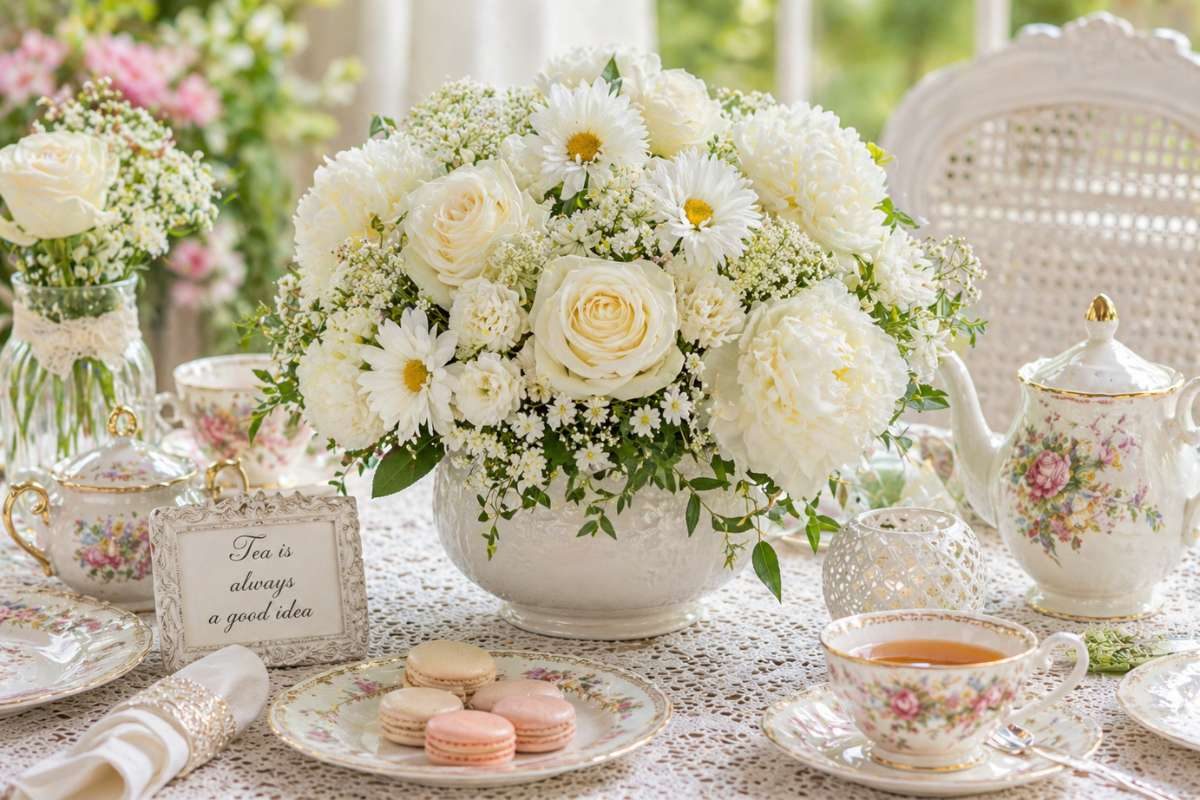 white roses and flowers arranged as elegant tea party centerpiece