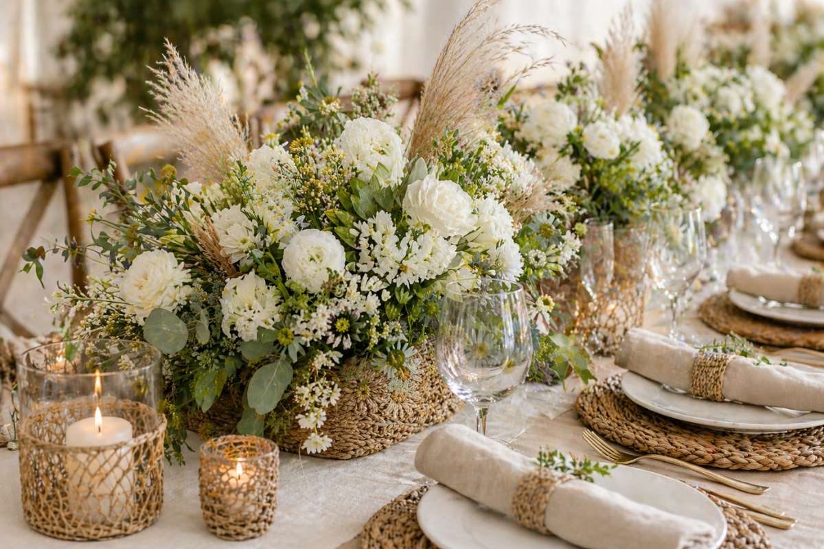 Wedding table decor with white flowers and natural woven textures