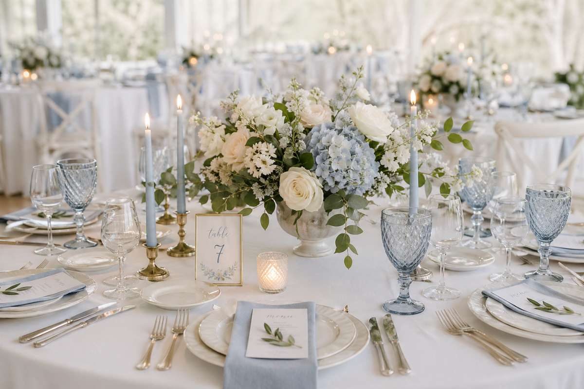 white wedding table with dusty blue accents sage greenery and elegant table setting