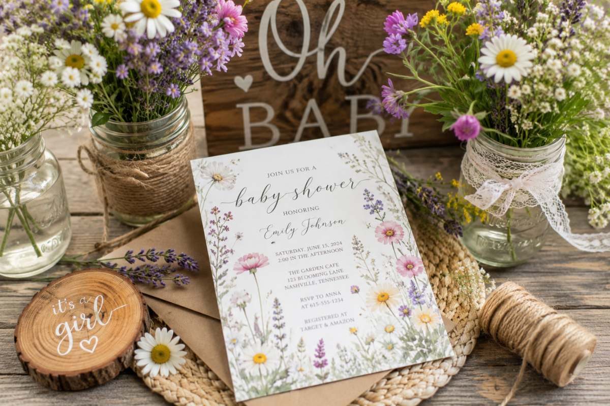 Wildflower baby shower invitation displayed with botanical stationery, mason jar flowers, rustic wood accents, and fresh garden blooms.