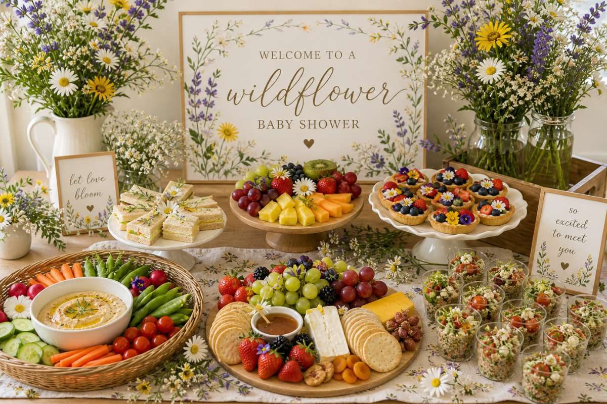 Wildflower baby shower brunch table with fresh fruit, sandwiches, and floral decorations