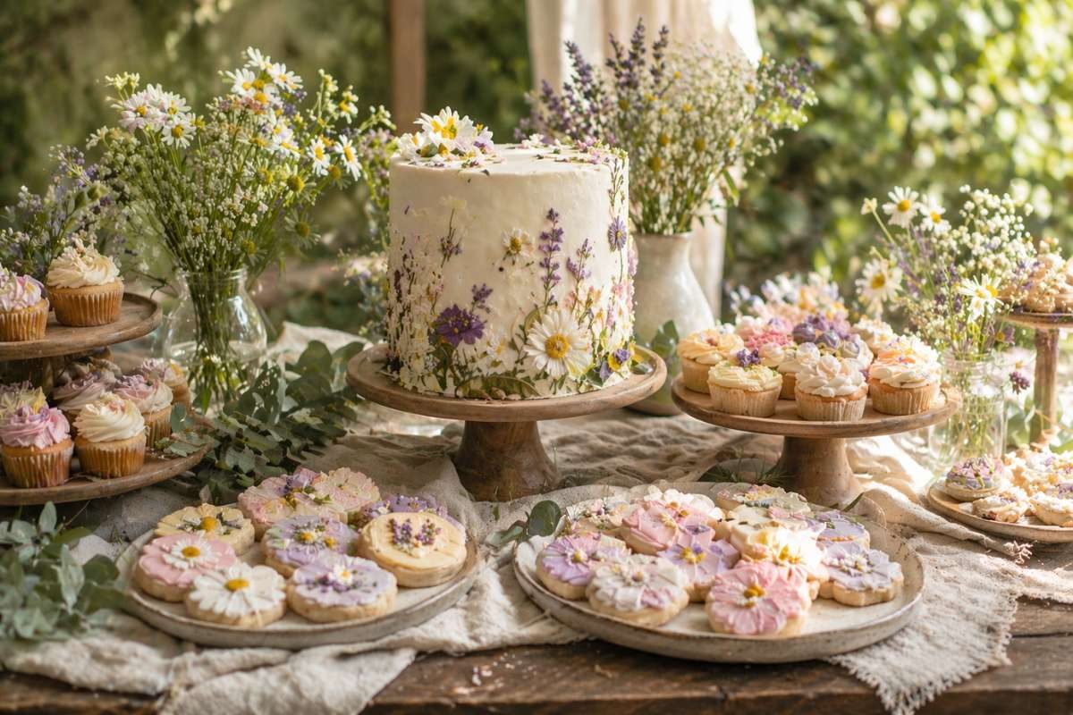 Wildflower baby shower cake table with floral cookies, cupcakes, and rustic decor