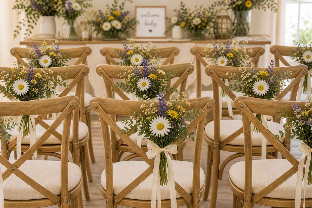 Rustic wooden chairs decorated with wildflowers and daisies for a baby shower ceremony setup