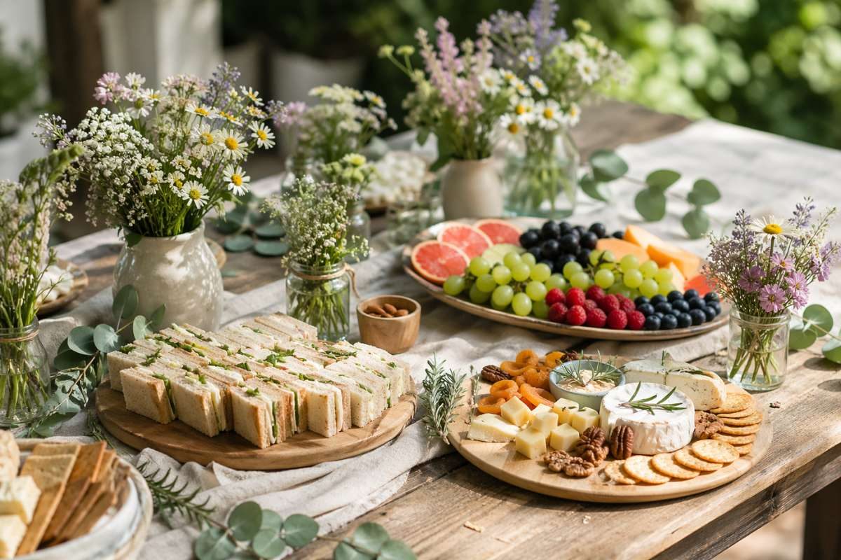 Wildflower baby shower food table with sandwiches, fruit tray, cheese board, and flowers