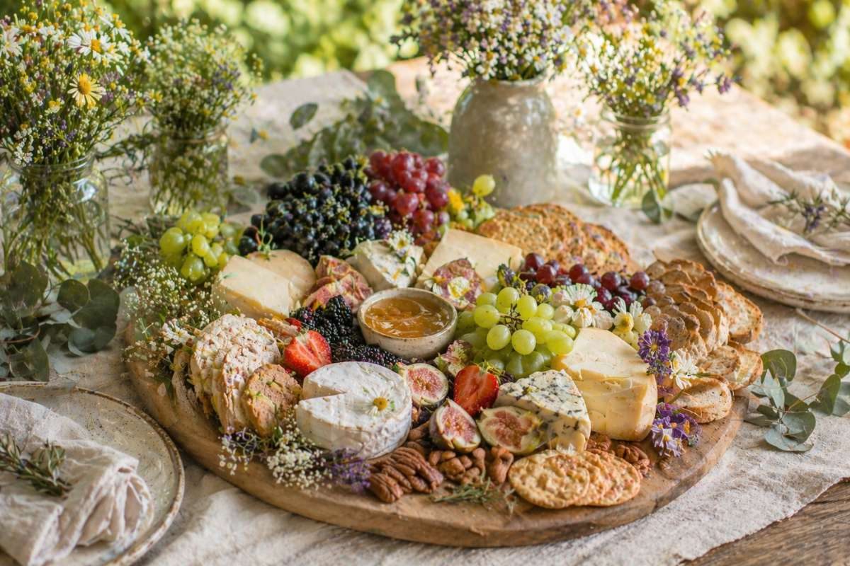 Rustic wildflower baby shower charcuterie board with cheese, fruit, crackers, and flowers