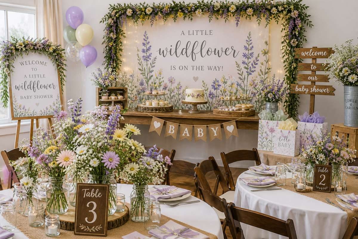 wildflower baby shower dessert backdrop