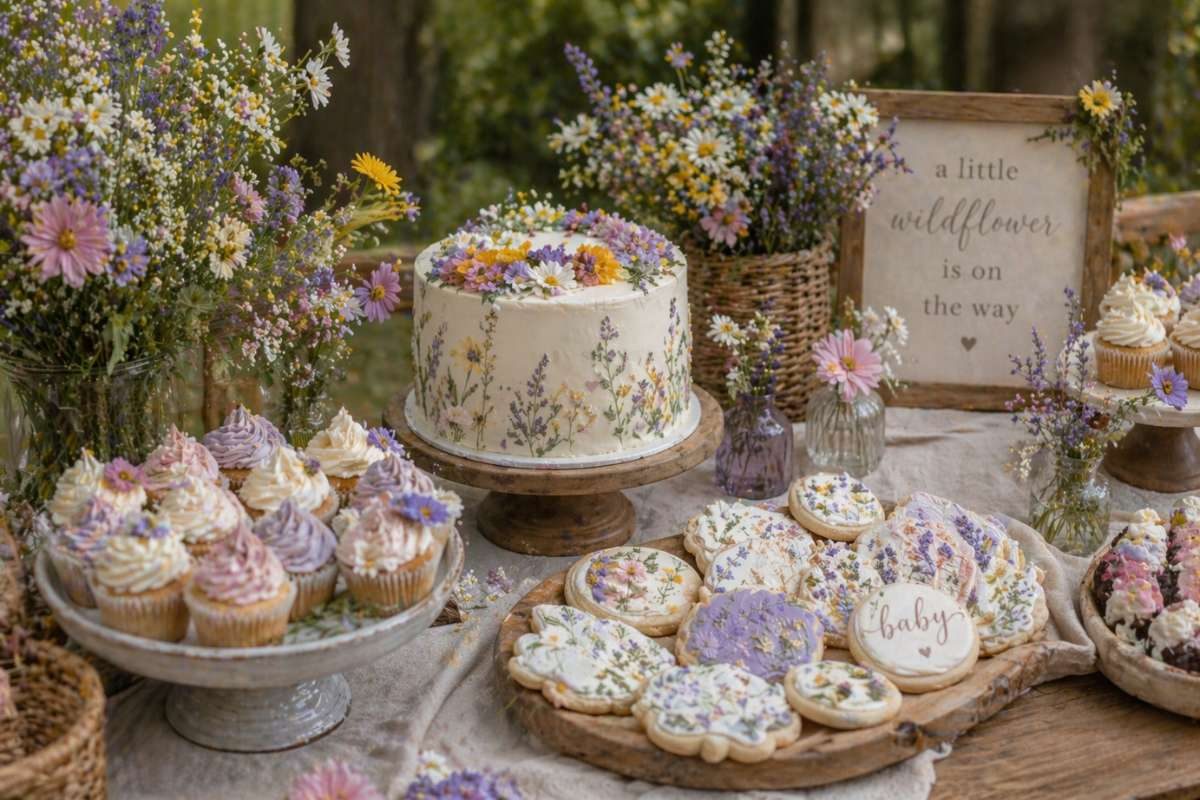 Rustic wildflower baby shower dessert table with floral cake, cookies, and cupcakes outdoors