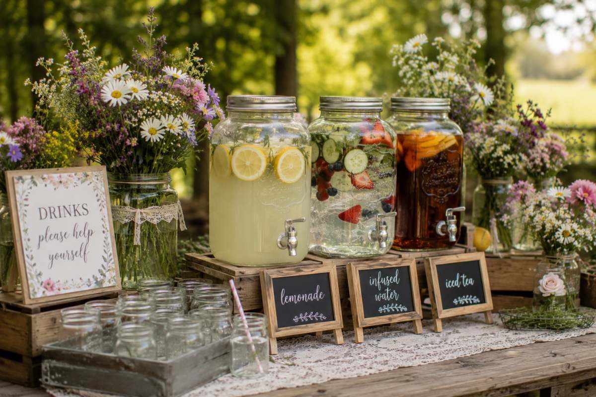 Rustic wildflower baby shower drink station featuring lemonade, fruit-infused water, iced tea, fresh wildflowers, mason jars, and wooden crates in an outdoor garden picnic setting.