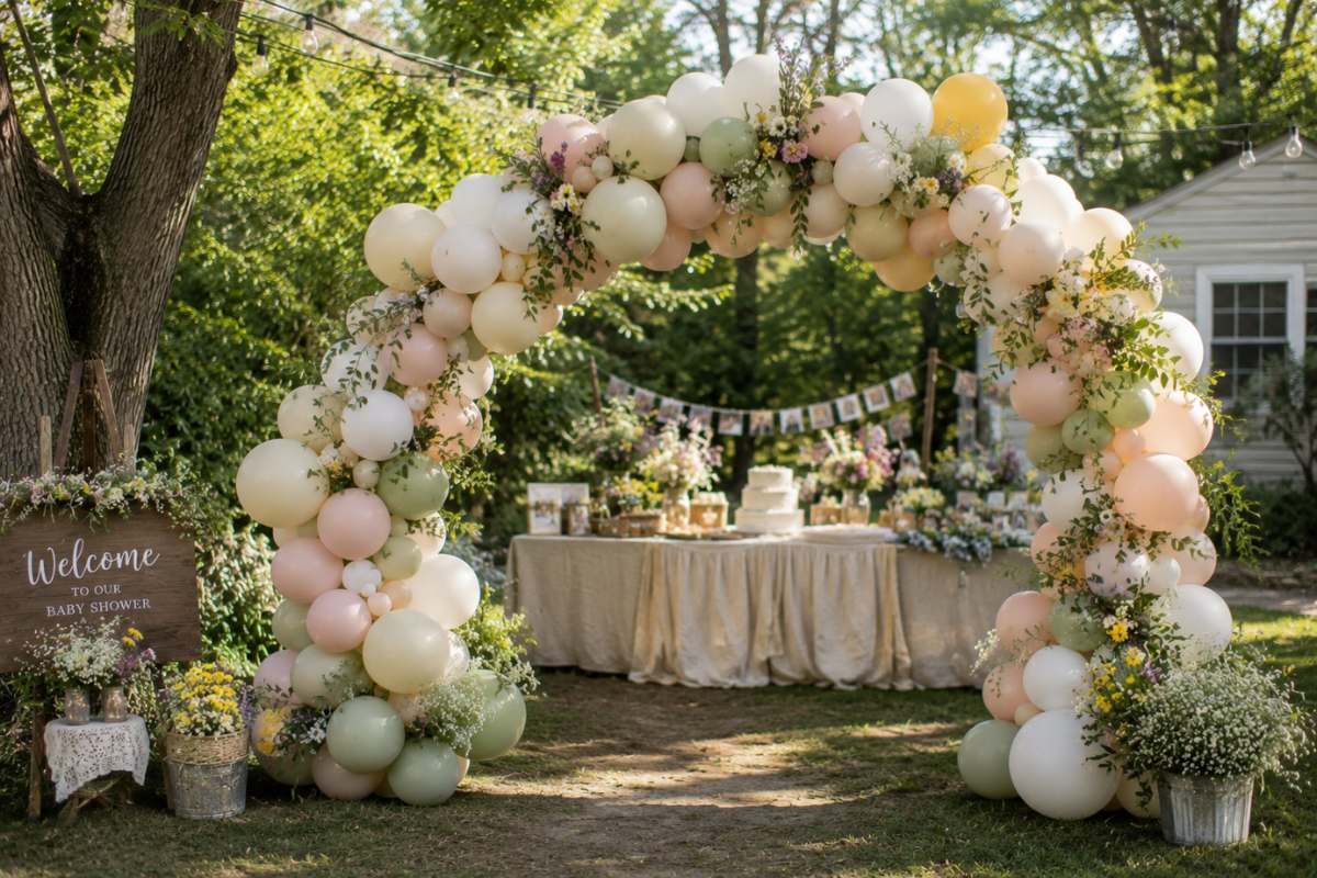 Elegant wildflower baby shower entrance with a pastel floral balloon arch, greenery, fresh flowers, and a welcoming outdoor garden backdrop.