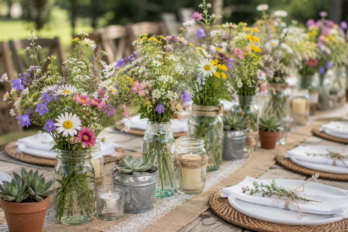 Fresh wildflower centerpieces arranged in mason jars with candles, succulents, and rustic tablescape for an outdoor baby shower celebration.