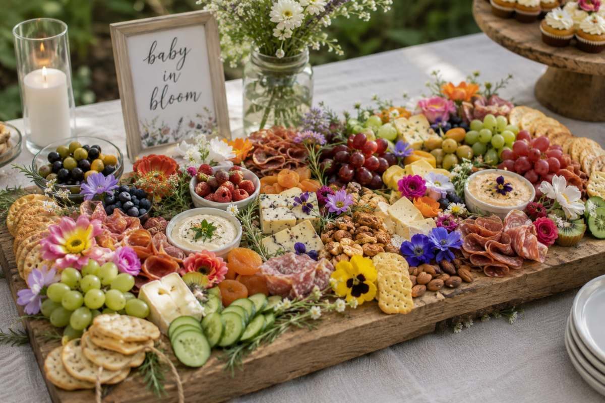 Colorful wildflower-inspired charcuterie board with artisan cheeses, fruits, crackers, meats, edible flowers, and fresh herbs for an outdoor baby shower.