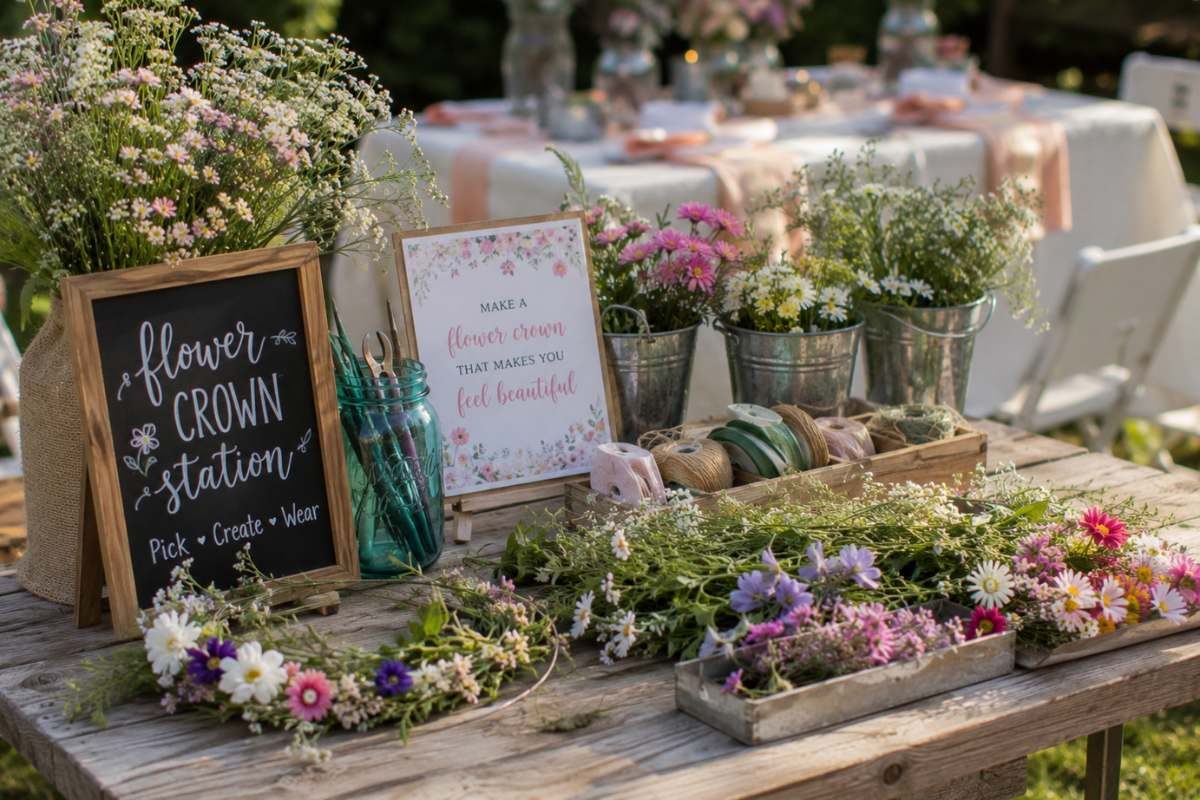 DIY flower crown activity station with fresh wildflowers, floral supplies, ribbons, and rustic décor for an outdoor wildflower baby shower.