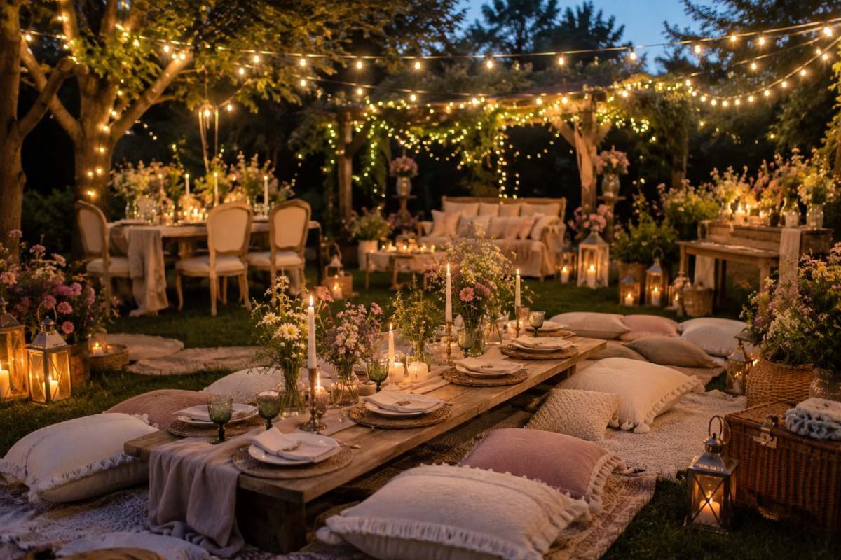 Magical wildflower baby shower garden party illuminated with fairy lights, lanterns, candles, pastel flowers, and elegant outdoor picnic seating at dusk.