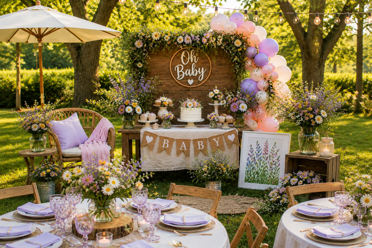 Elegant outdoor wildflower baby shower setup with pastel balloons, rustic dessert table, floral centerpieces, and garden party decorations.